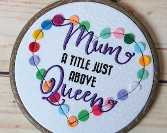 Mum a title above Queen with felt heart