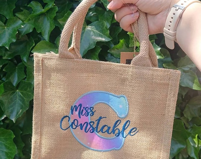 Featured listing image: Personalised gold shimmer jute bag