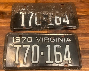 Vintage Authentic Virginia 1970 Expired License Plate, T70-164 White raised  Lettering on a Black Background.  Matched Set, Rust and Dings.