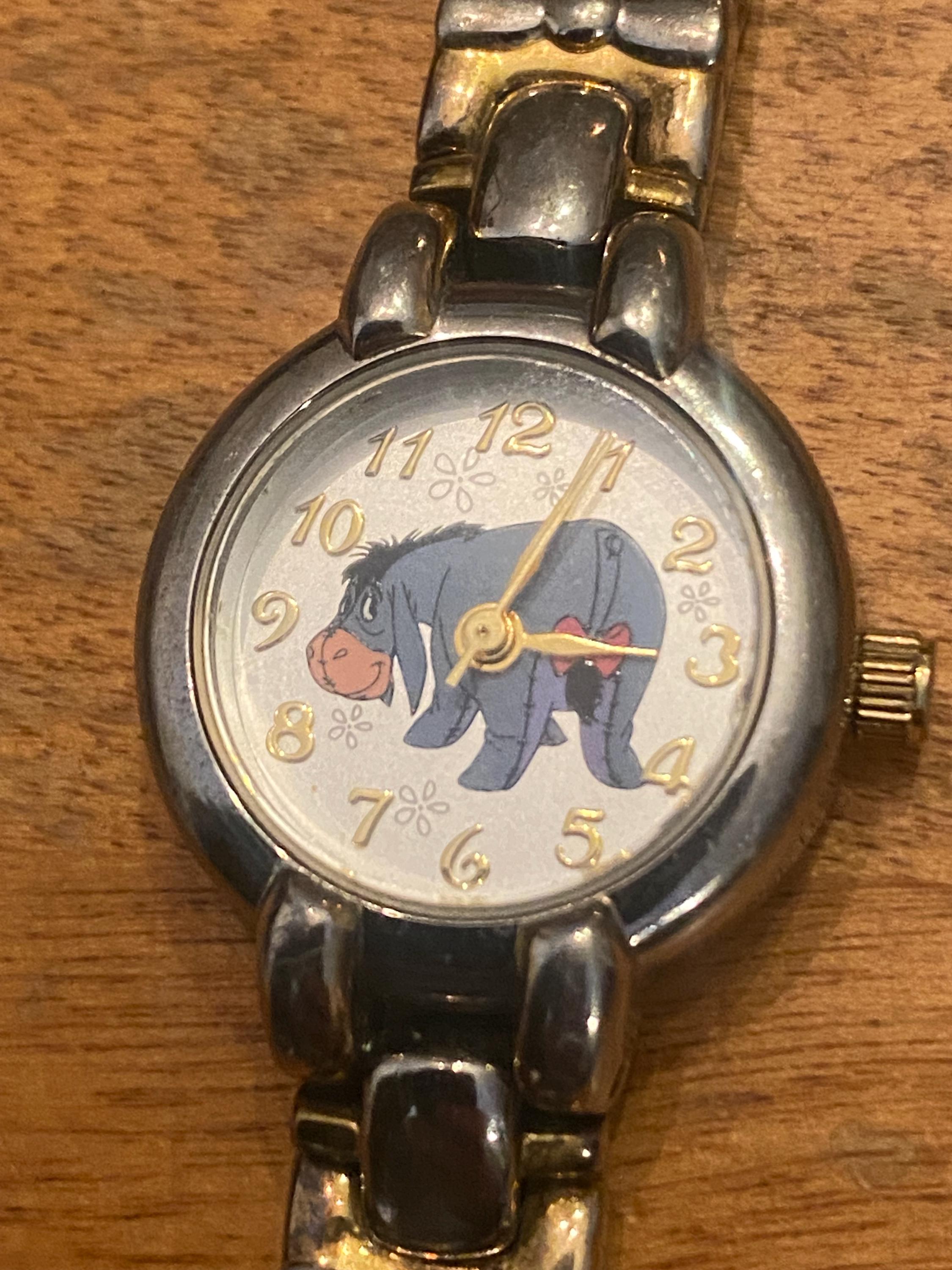 Disney Pooh Eeyore Watch 1990s Silver and Gold Tone Vintage ~ 260402-WH 1063 Eeyore Watch Wristwatch Brown Strap 1990 main image 4