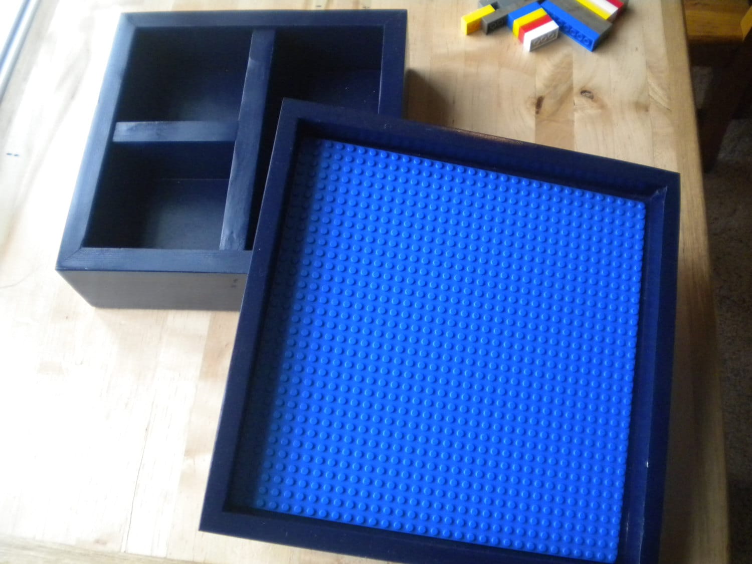 Play Table for Building Bricks with 10"x10" LEGO® baseplate. Storage table for Building Bricks. Portable play station/Travel set for Bricks.