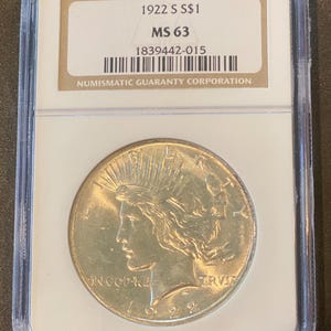 1922-S Peace Silver Dollar: NGC MS63, Frosty White Luster
