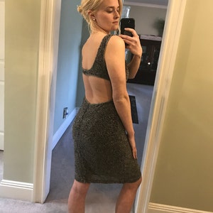 Vintage Beaded Zebra Animal Print Sleeveless 90s Open Back Mini Dress Size 8 Cristall Collection