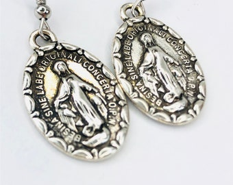 Religious Catholic inspired earrings silver tone 2 sided