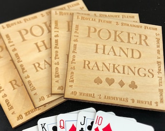 Poker Coasters Hand Ranking  S/4 Sq wood handmade barware man cave gift fathers day gift