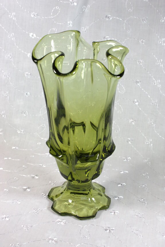 Vintage Olive Green Glass Handkerchief Vase with Pedastal
