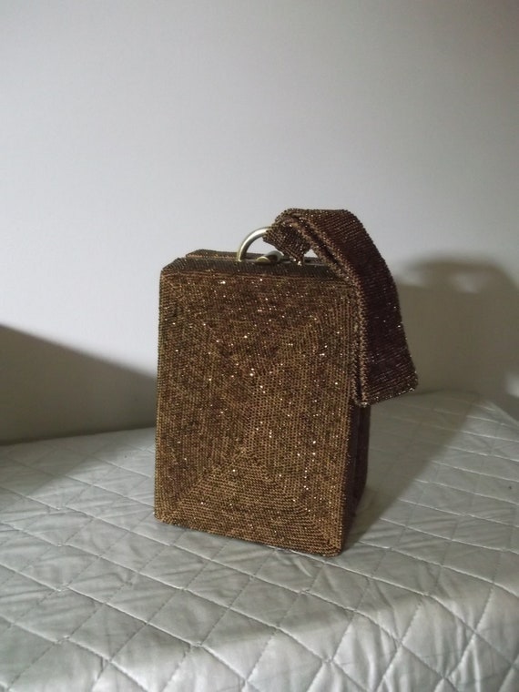 Vintage 1940's Bronze Seed Beaded Box Bag Bronze b