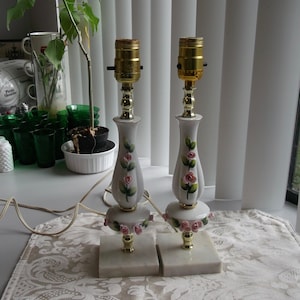 Vintage Pair of Porcelain Vanity Lamps with Rose Decoration. Boudoir Lamps