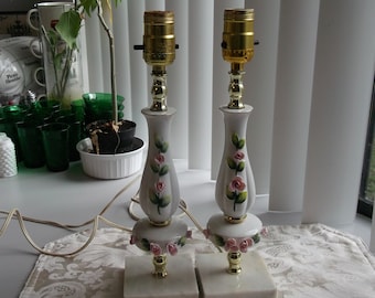 Vintage Pair of Porcelain Vanity Lamps with Rose Decoration. Boudoir Lamps