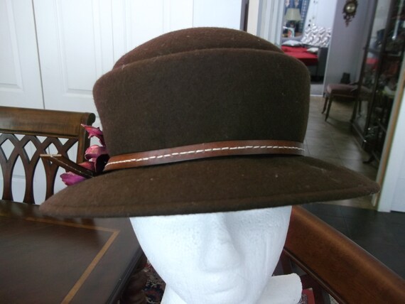 Wool and Velvet hat in chocolate brown velvet brown rose Chocolate Brown Felt Dress Hat With Paper Roses - Etsy main image 3