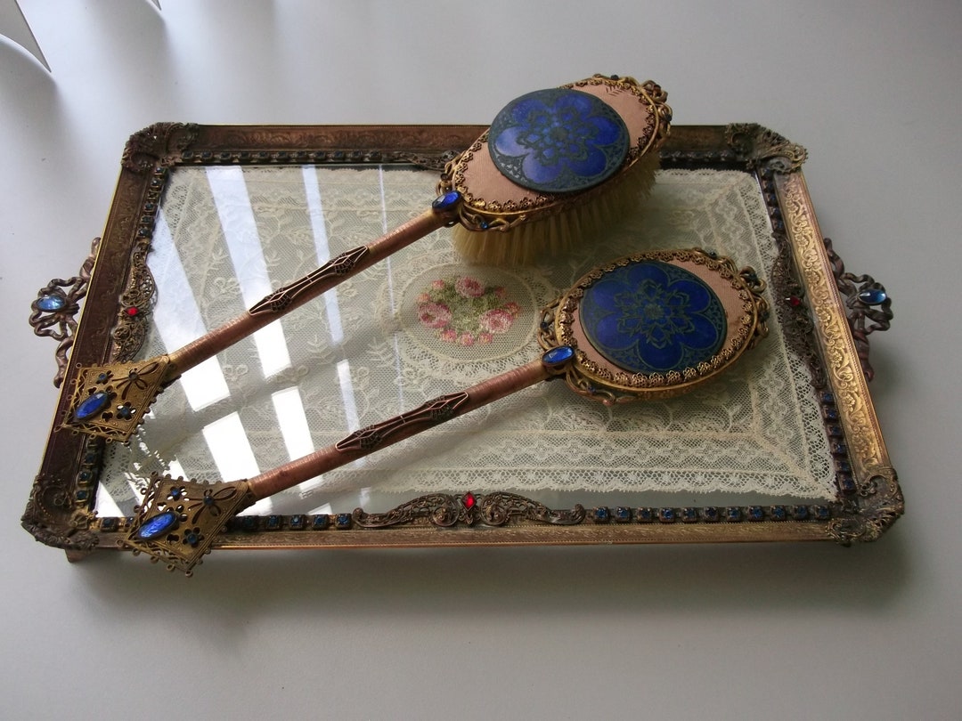 Jewelled Vanity Tray With Guiloched Hand Mirror and Brush. Etsy