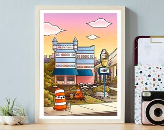 9" x 12" inches Ponto the road barrel ice cream castle Montreal digital print illustration