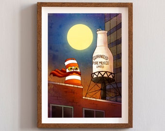 13" x 19" inches superhero Ponto the road barrel with Guaranteed Pure Milk bottle digital print illustration Montreal