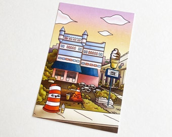 Postcard Ponto the road barrel with Montreal ice cream castle illustration kawaii