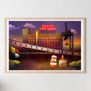Affiche 19" x 13" Ponto le cône orange et l'enseigne Farine Five Roses illustration Montréal