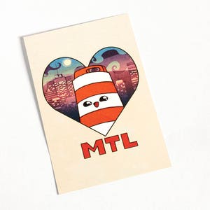 Carte postale Ponto le cône orange aime Montréal avec coeur illustration kawaii Montréal