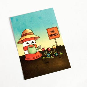 Carte postale Ponto le cône orange jardinage fleurs dans un nid-de-poule illustration kawaii Montréal