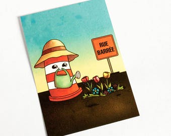 Postcard Ponto the road barrel gardening in pothole illustration kawaii Montreal