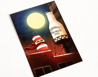 Postcard superhero Ponto the road barrel with Guaranteed Pure Milk bottle illustration Montreal