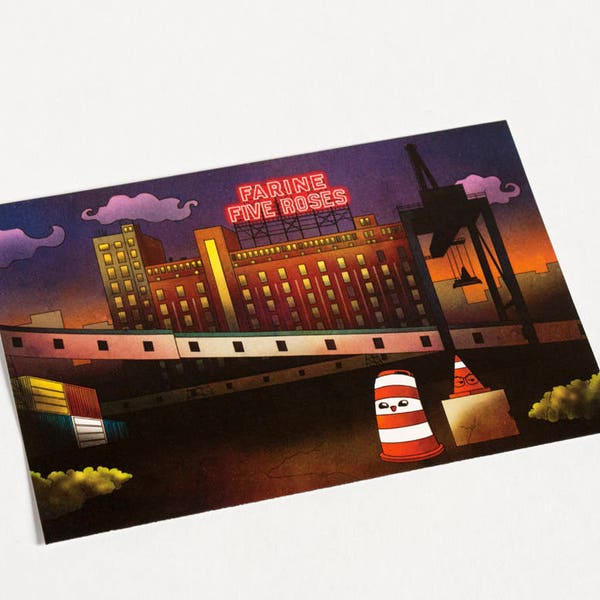 Postcard Ponto with Farine Five Roses sign illustration Montreal