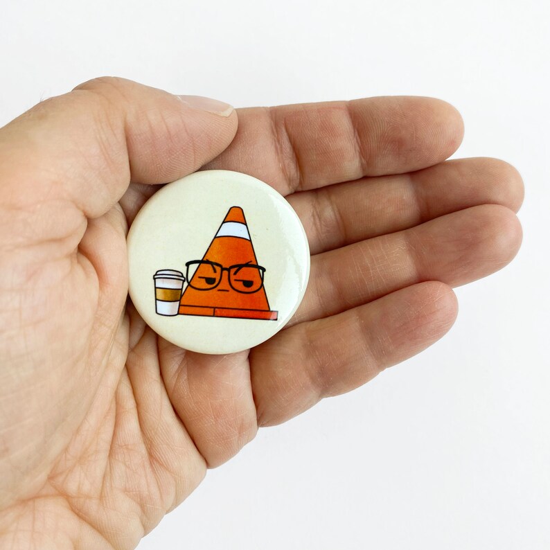 Gerald the construction cone with coffee 1.5 round button pin image 2