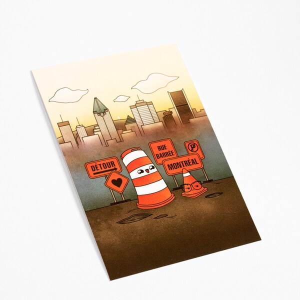 Carte postale Ponto le cône orange panneaux détour Montréal illustration kawaii