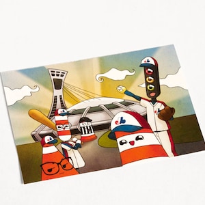 Carte postale Ponto le cône orange au Stade Olympique jouant au baseball illustration Montréal