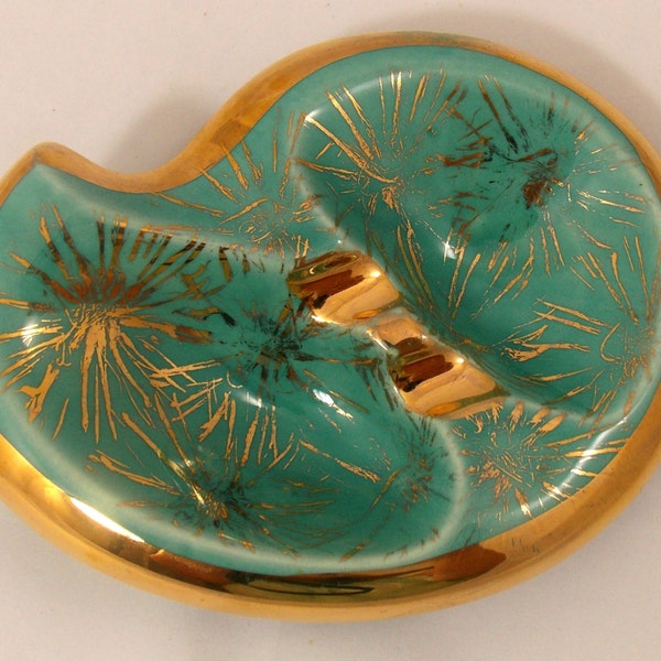 Starburst Ashtray, Vintage 1950's Ceramic, Teal and Gold - Plymouth Company, Philiadelphia PA