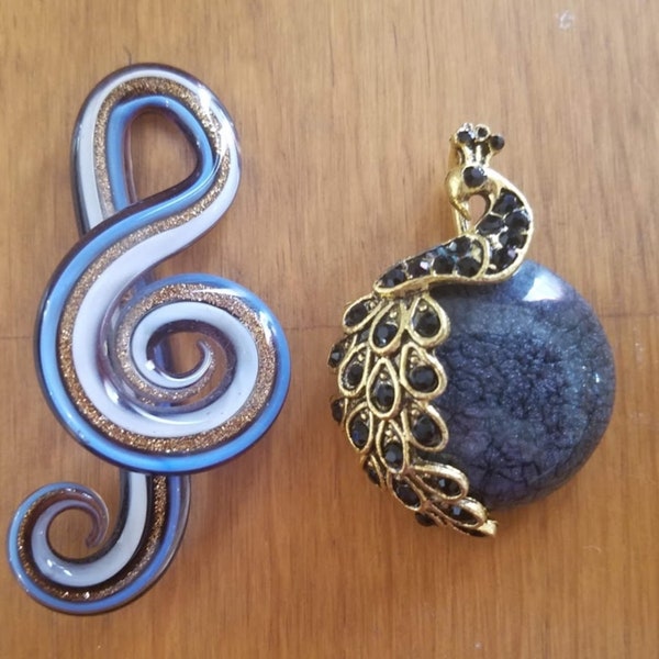 2 Large Pendants for Necklaces! Peacock and Treble Clef