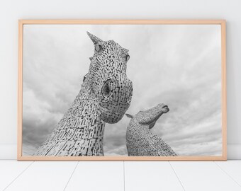 Photographic black and white print of the Kelpie Sea monster statues