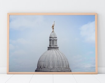 Photographic colour print of the University of Edinburgh and it's golden boy statue on top of the dome