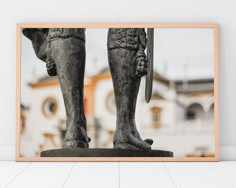 Photographic colour print of the Curro Romero Statue in front of the bullfighting arena La Maestranza in Seville