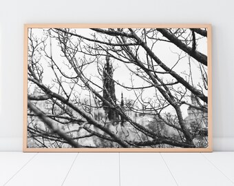 Walter Scott Monument seen through tree branches, Black and white photographic print  (Edinburgh, Scotland)