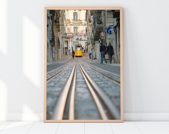 Photographic colour print of the Bica Streetcar in Lisbon on a summer sunset