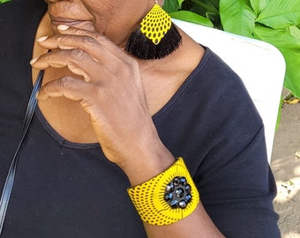 Yellow bracelet, yellow bangle, African print, yellow cuff bracelet, chunky bracelet, african bracelet, statement jewelry, gift for her