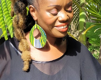 extra large ankara earrings, statement earrings, green African print, afrocentric earrings, chunky earrings, green jewellery, oval for her