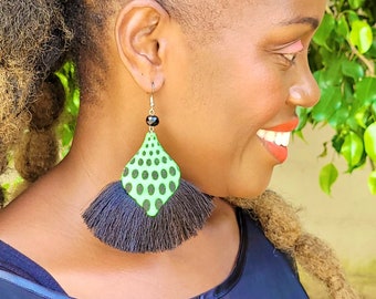 Boho Tassel Earrings, Statement Earrings, African Earrings, Fan Shaped Earrings, Dangle Earrings, Fashion Jewelry, Green Earrings, for her