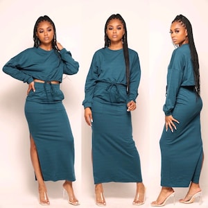 Loungin Maxi Skirt Set, Maxi Skirt Set, Skirt Set, Sweater Set, Warm Outfit, Cute Outfit, Teal Set, Teal Skirt Set, Teal Maxi Set