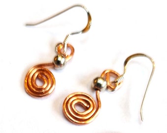 Small Copper Spiral Earrings with Upcycled Vintage Silver Beads, Handmade with Sterling Silver Ear Wires, Celtic Design