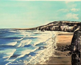 Cornwall Gemälde, Original Meereslandschaft, lebendiges Meer und Sand, in Acryl auf Leinwand