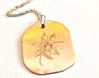 Flower Pendant, Hand Engraved Necklace, Mother's Day Original Design on Copper with 925 Sterling Silver Chain, Gift Idea for Her