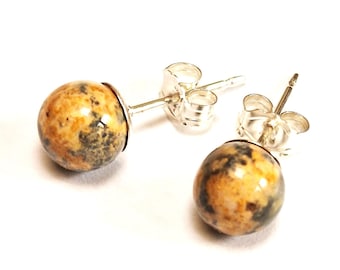 Leopardskin Rhyolite Studs, Jasper Stone Earrings, Mottled Multi Colour, Sterling Silver Jewelry Small Round Studs
