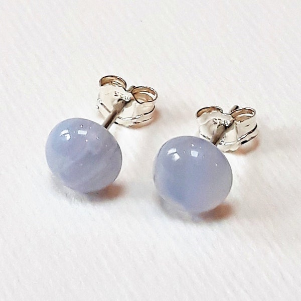 Blue Lace Agate Earrings, Pale Blue Studs, Sterling Silver with Small Stone Domes