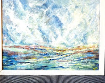 May include: A framed abstract painting with a blue, white, and green color scheme. The painting depicts a landscape with clouds in the sky and a field in the foreground.