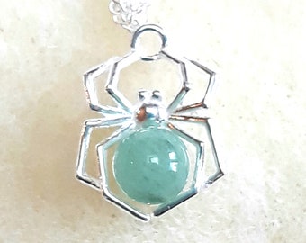 Green Spider Necklace, Aventurine Pendant, Sterling Silver with Chain, Gothic Jewellery, Halloween Jewellery Gift