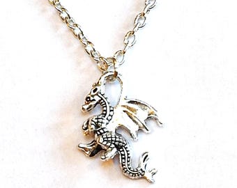 Silver Dragon Pendant, Gift for Teens, Winged Lizard Necklace, Fantasy Jewelry, Magic Dragon Gift, Serpent Women, Gift under 15