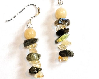 Labradorite Sterling Siver Earrings with Citrine and Morganite, Grey, Green, Blue Yellow, Summer Gift for Her,