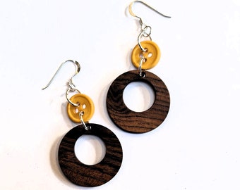 Upcycled Vintage Button Earrings with Dark Wood and Sterling Silver, Yellow and Brown Round Dangle Earrings