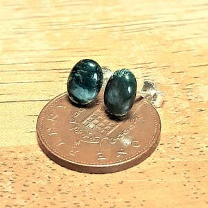 Green Moss Agate Earrings, Small Oval Sterling Silver Studs
