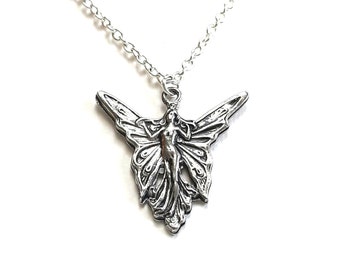 Älvahänge, Tennängelhalsband med 40 cm försilvrad kedja, Stora bevingade älvsmycken, Rollspel, Cosplay, Tonåringar, Flickor, Kvinnor